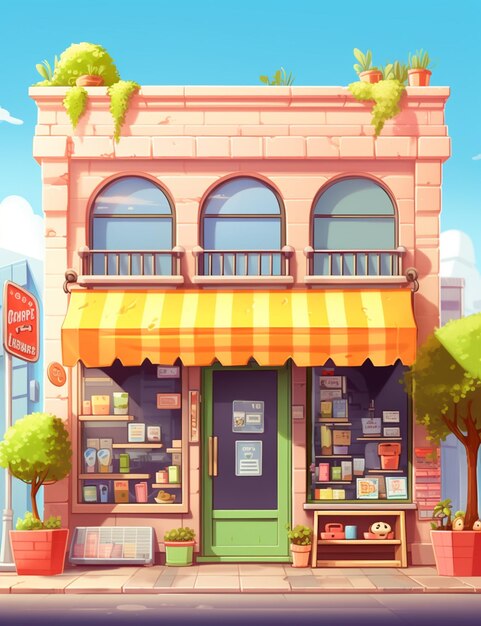 illustration of a small store with a yellow awning and a green door generative ai