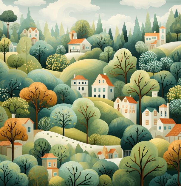 Illustration Small town with trees