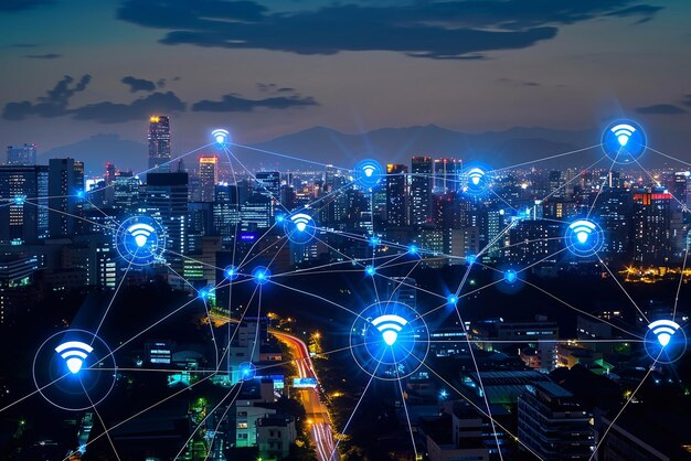 Illustration of smart city with holograms communication network concept