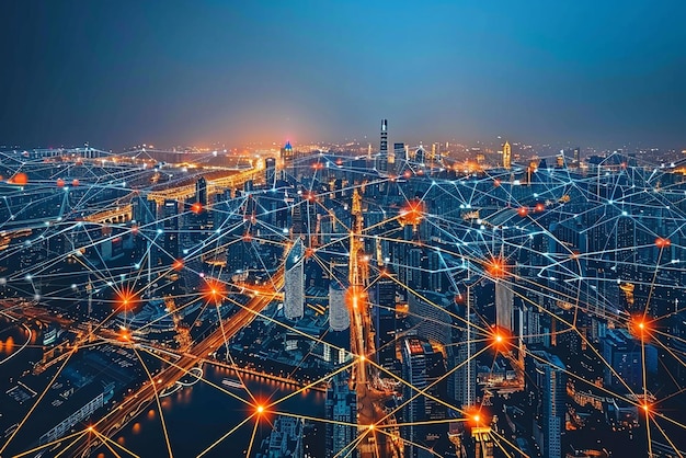 Иллюстрация концепции коммуникационной сети умного города с голограммами