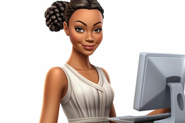 Photo illustration of a smiling africanamerican woman sitting at a computer desk