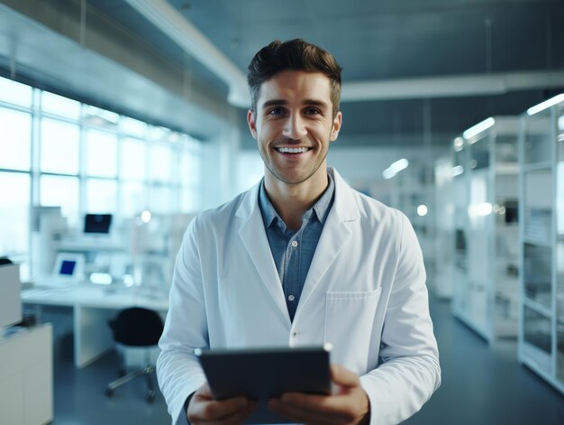 illustration of smiling doctor in the modern hospital Medium shot