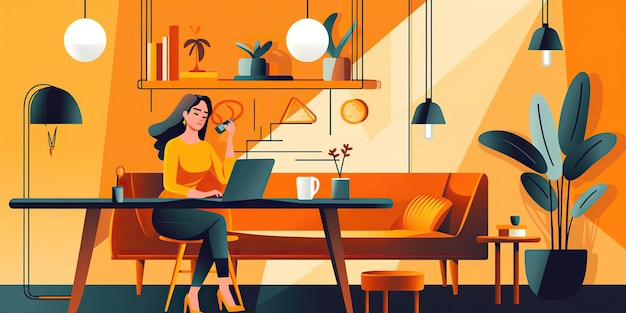 Illustration of a smiling female employee sits in a coworking space diligently working on a project Her focused gaze and determined expression reflect her dedication and professionalism Generative AI