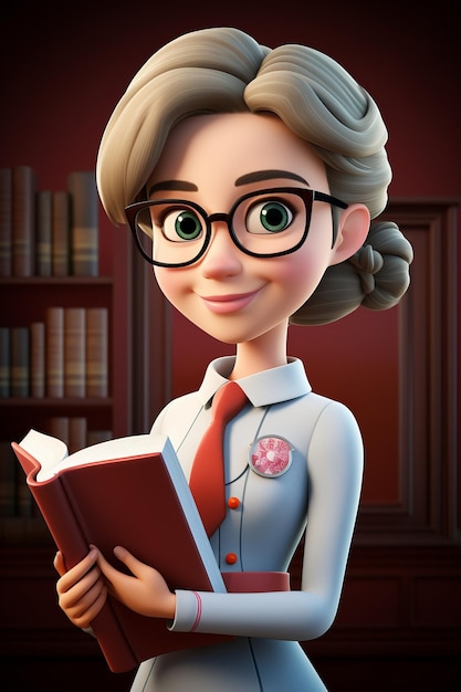 Illustration of a smiling female librarian holding a book in a library