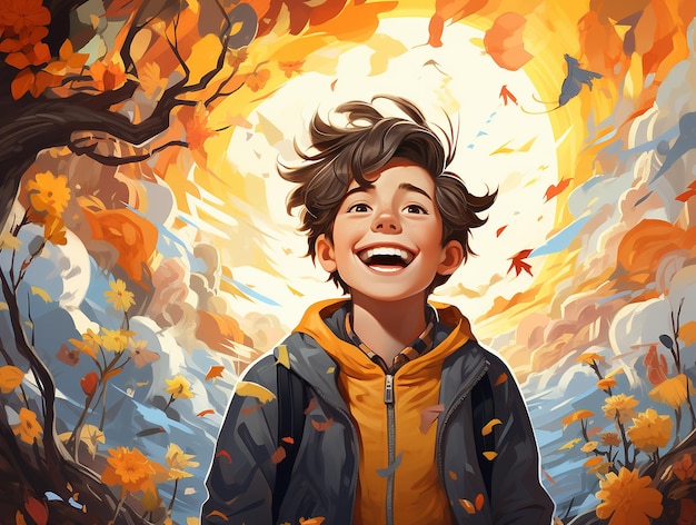 Photo illustration of smiling happy teen boy against orange sky background mental health in youth