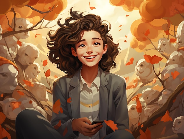 Illustration of smiling happy teen girl against strange creatures backdrop Mental Health in Youth