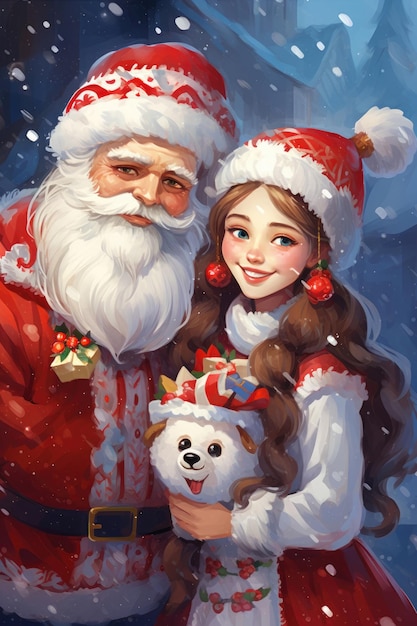 Illustration of smiling Snow Maiden and funny Santa Claus