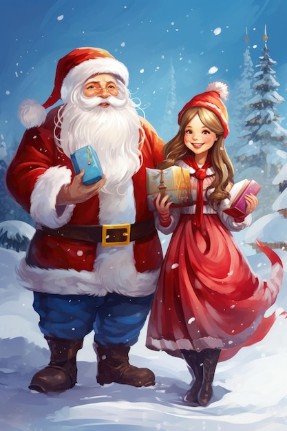 Illustration of smiling snow maiden and funny santa claus