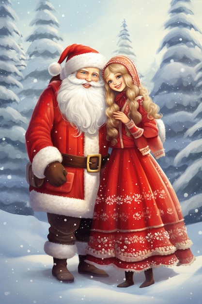 Illustration of smiling Snow Maiden and funny Santa Claus