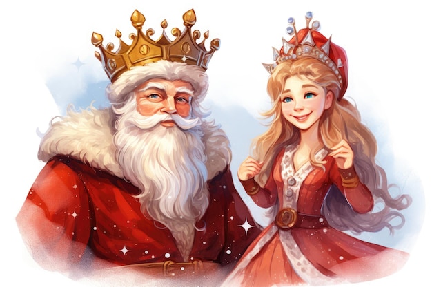 Illustration of smiling Snow Maiden and funny Santa Claus