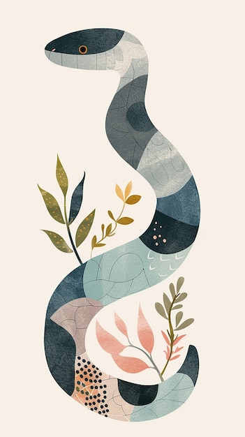 illustration of snake designed with organic flowing shapes airy pastel color scheme