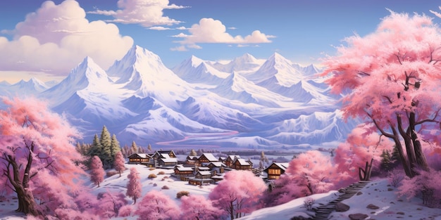 a illustration of a snow covered mountain town