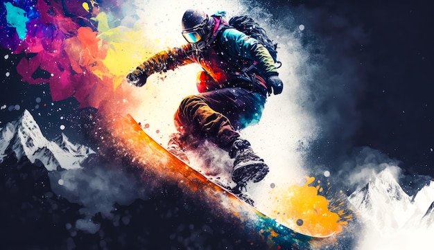 Иллюстрация сноубордиста спускается вниз по заснеженной горной склоне Генеративный ИИ