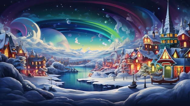 Illustration of a snowcovered night town and the Northern lights