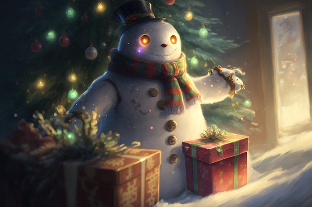 배경에 크리스마스 트리 선물 상자 및 기타 명절 장식이 있는 눈사람 그림