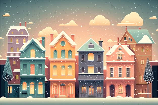 Illustration of a snowy city with a row of houses and the words snow on the roof.