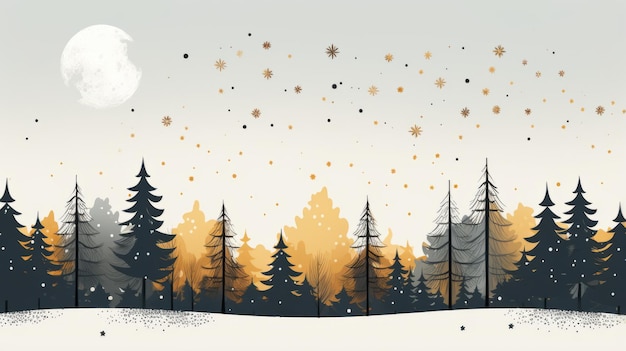 an illustration of a snowy forest with trees and a full moon