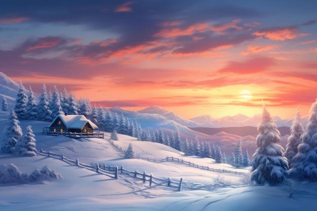 a illustration of a snowy landscape with a cabin