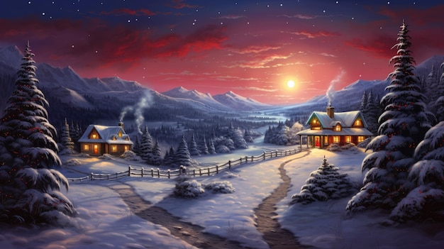 a illustration of a snowy landscape with a cabin