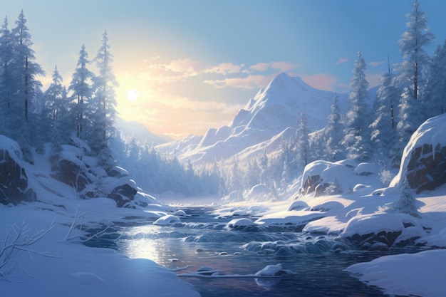 a illustration of a snowy landscape with a stream