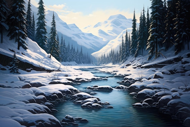 a illustration of a snowy mountain stream