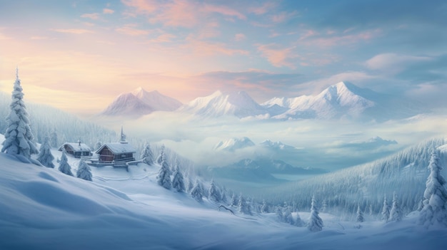 a illustration of a snowy mountain with a house