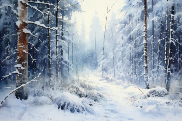 a illustration of a snowy path through a forest