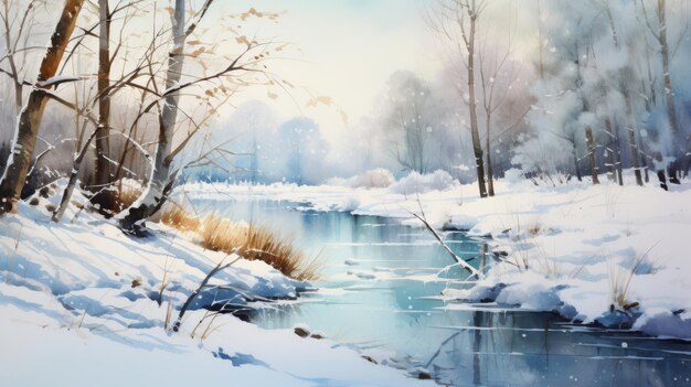 a illustration of a snowy river in the woods