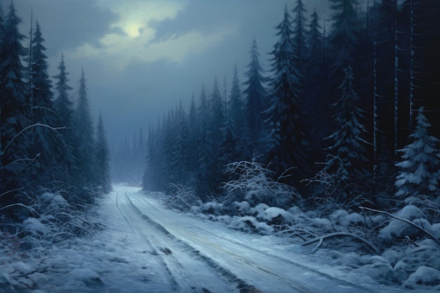 a illustration of a snowy road in the woods