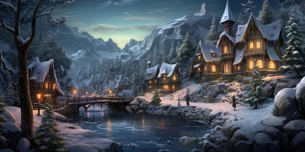 a illustration of a snowy village with a bridge