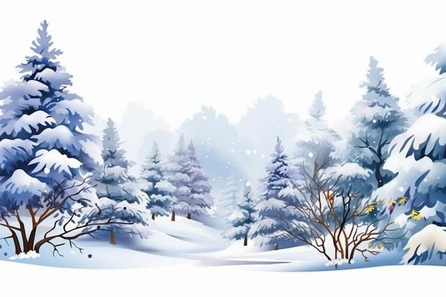 나무와 새와 함께 눈 인 겨울 풍경의 일러스트레이션