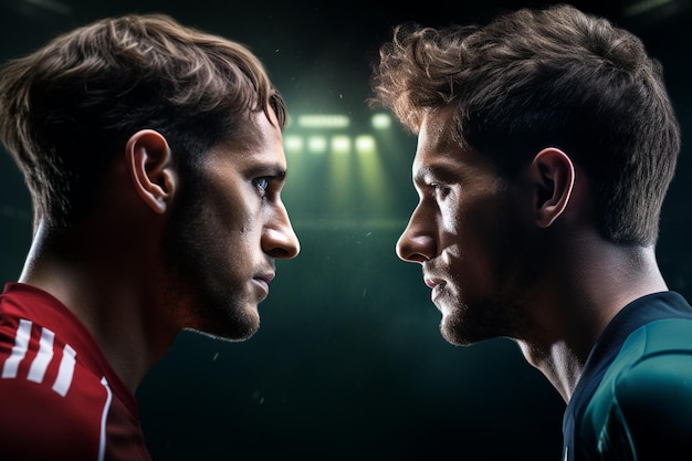 illustration of Soccer players stand face to face at the soccer field during night time