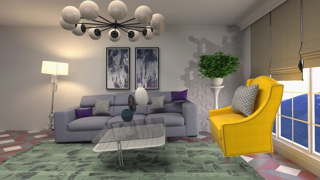 Illustration of Sofa hovering in living room