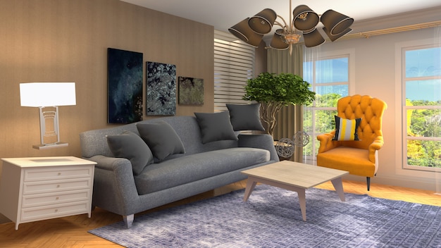 Illustration of Sofa hovering in living room