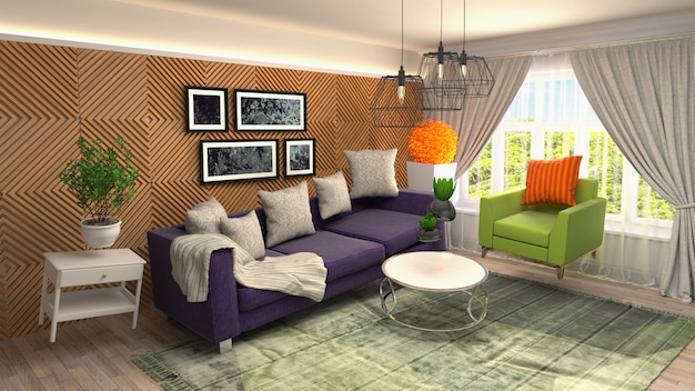 Illustration of Sofa hovering in living room