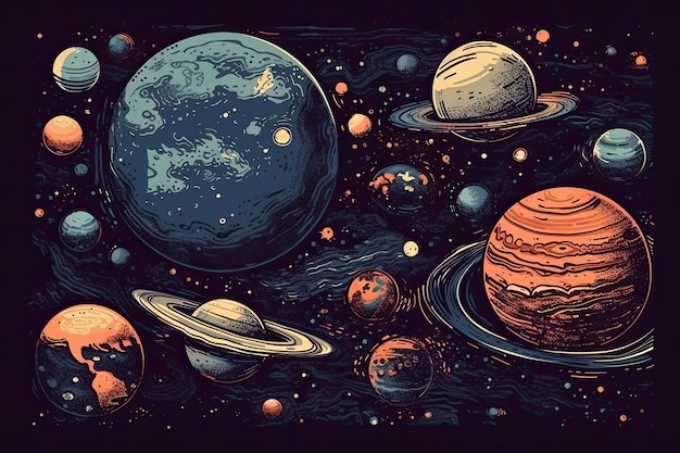 Иллюстрация Солнечной системы с лунами планет и генеративным искусственным интеллектом Солнца