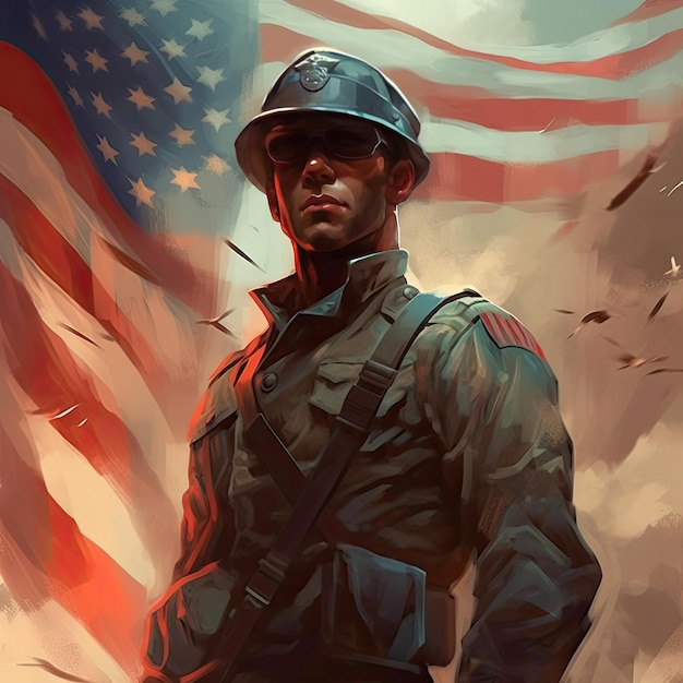 Illustration of a Soldier with an American Flag Showcasing Independence Day Greeting Card