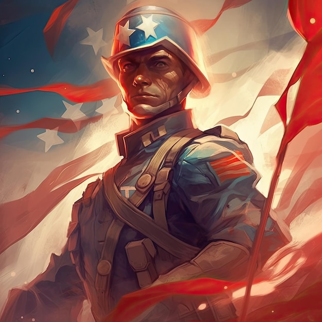 Illustration of a Soldier with an American Flag Showcasing Independence Day Greeting Card