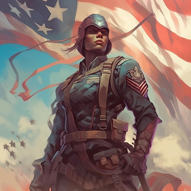 Photo illustration of a soldier with an american flag showcasing independence day greeting card