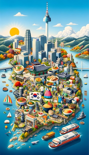 Illustration of South Koreas map showcasing landmarks culture and cuisine