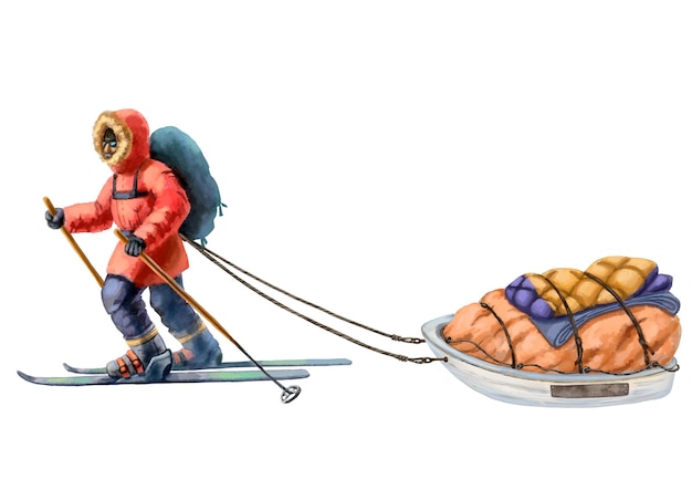 Illustration of a south pole explorer in warm clothes skiing and pulling a load