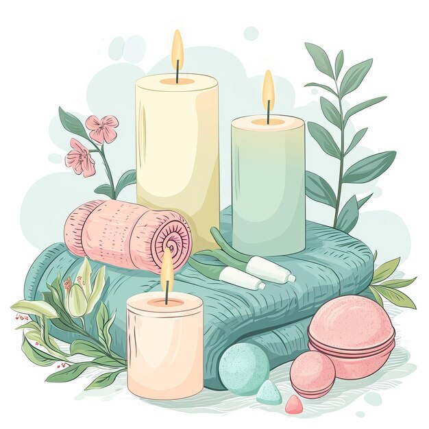 Illustration of a spa gift set including candles towels bath bomb and flowers on a blue surface