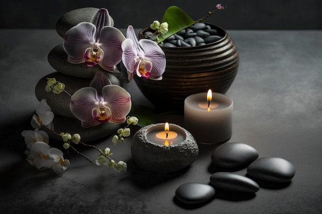 illustration spa stones and orchids and candles on a gray table ai generative