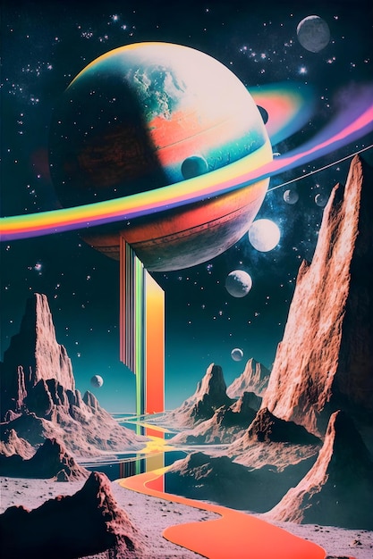 Illustration of Space Landscape Retro style Cosmos Abstract Crazy and Psychedelic Background