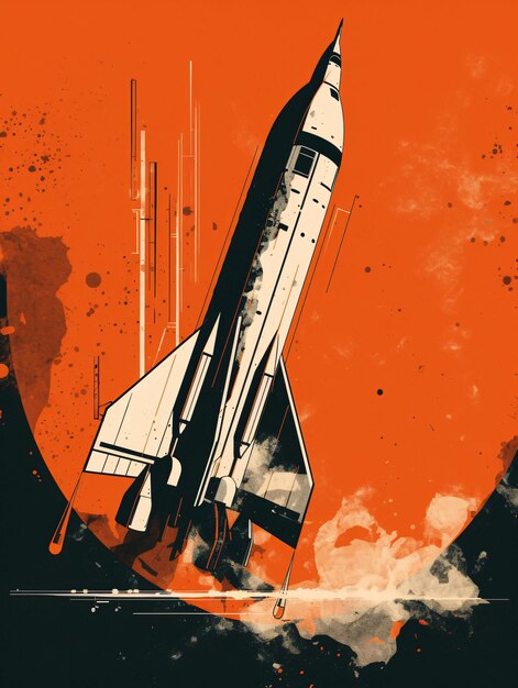 Illustration of a space rocket taking off up into the sky on an orange and black background ai generated ai generative ai generativ