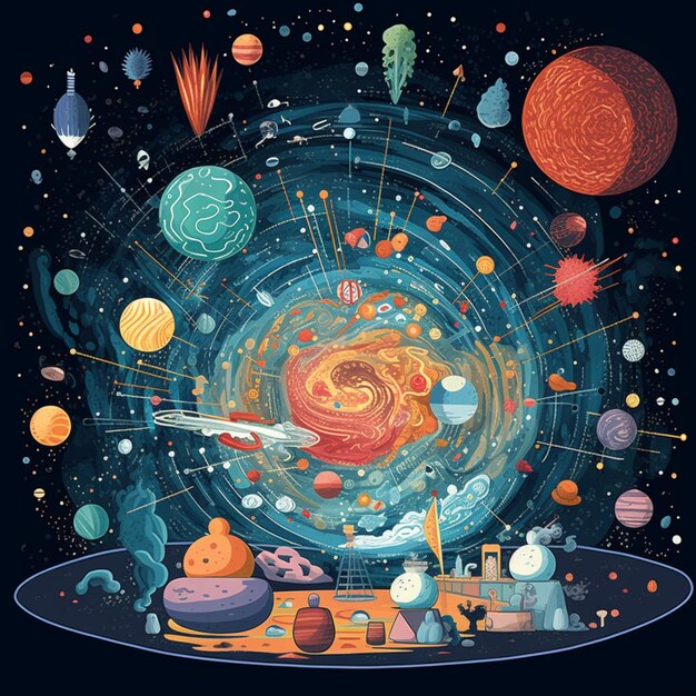 Illustration of a space scene with planets and a rocket generative ai