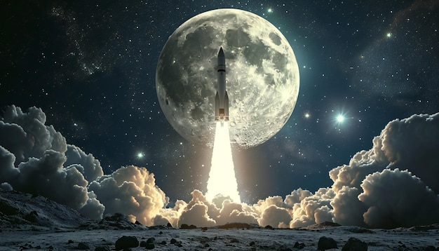 Photo illustration space shuttle rocket flies above the earth infront of the moon