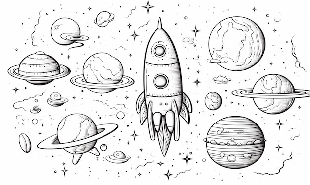 Illustration of space and spaceships line art style