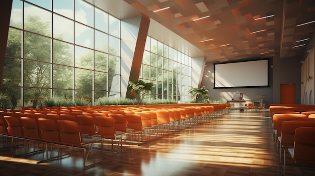 Illustration of spacious hall for lectures and presentations Big conference room indoor background