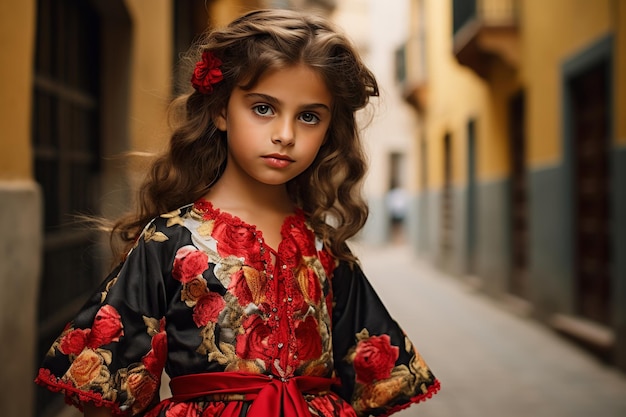 illustration of a spanish girl dressing in Spanish and modern childrens